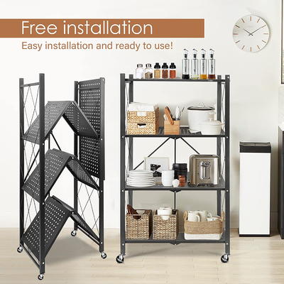 FUNKOL 5-Tier Black Metal Kitchen Shelf Foldable Storage Rack with