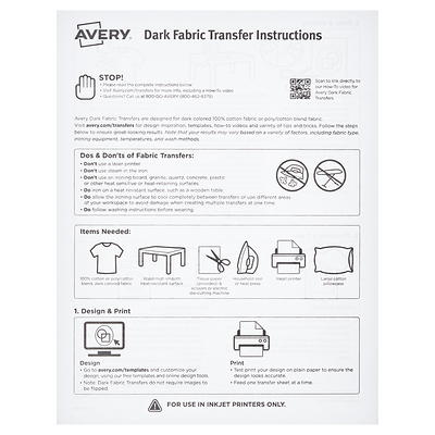 Avery Heat Transfer Paper for Dark Fabrics, 8.5 x 11, Inkjet, 5  Transfers/Pack (3279), Staples