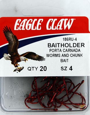 Eagle Claw 186RU3-4 Baitholder 2-Slice Offset Hook, Red, Size 4