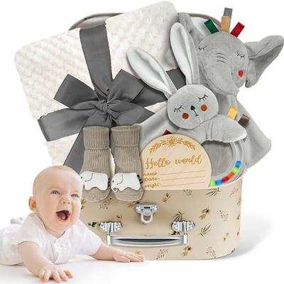 Baby Gift Set, Baby Shower Gifts for Boys, 8PCS Unique Shower Basket  Essential Stuff with Blanket Baby Socks & Elephant Rattle Toy Milestones  Set