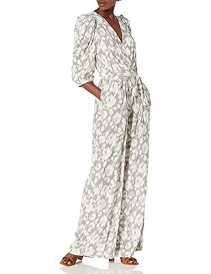 BCBGMAXAZRIA Women s Floral Printed 3 4 Sleeve Jumpsuit Pumice