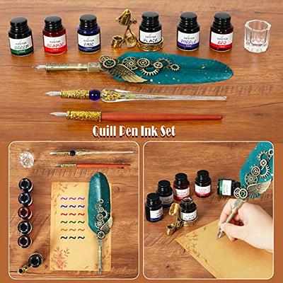 AIYNC Feather Calligraphy Pen Ink Set, Includes Quill Pen and Wooden Dip  Pen, Ink,17 Replacement Nib, Pen Base, 3 Wax Seal Sticks, Stamp, White Wax