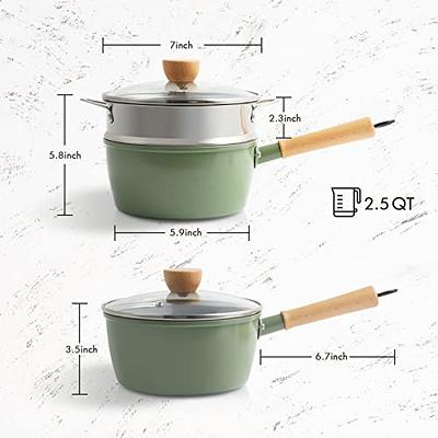 ROCKURWOK Ceramic Nonstick Sauce Pan, 2.5 QT Pot with Steamer, Non Toxic &  PFAS-Free, Wooden Handle for Cool Touch, Universal Base(Gas, Electric 