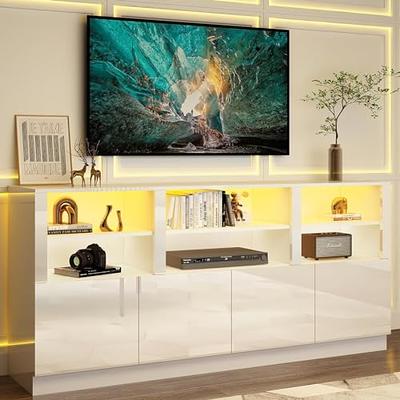 Hommpa LED TV Stand for TVs up to 65 Modern TV Cabinet with 2 Doors and  Glass Shelf Wooden Media Storage Stand Entertainment Centers White