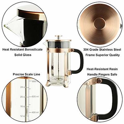 Bayka French Press Coffee Maker, Glass Classic Copper 304 Stainless Steel Coffee Press, Cold Brew Heat Resistant Thickened Borosilicate Coffee Pot