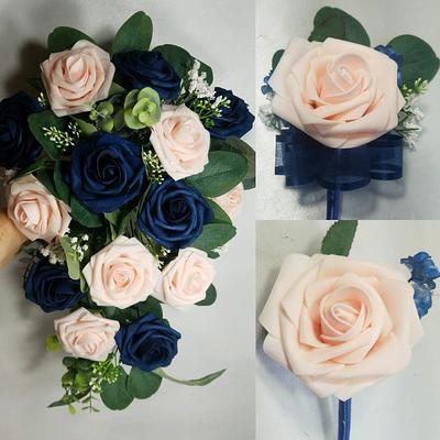 Pastel Pink Navy Blue Rose Eucalyptus Bridal Wedding Bouquet