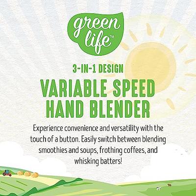 GreenLife Immersion Electric Handheld Stick Blender with Stainless Steel  Blades, Whisk, Frother, Measuring Cup and Lid, Soups, Puree, Cake