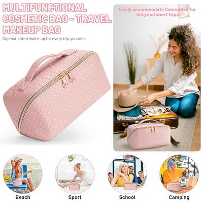 Travel Makeup Bag-Large Capacity Travel Cosmetic Bag, Portable Waterproof  Women Large Makeup Bag Travel Organizer, with Handle and Divider Flat Lay