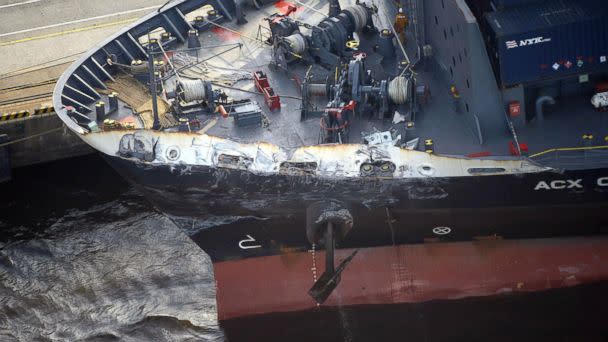 PHOTO: The container ship ACX Crystal with its left bow dented and scraped after colliding with the USS Fitzgerald in the waters off the Izu Peninsula, is berthed at the Oi Container Terminal in Tokyo, June 17, 2017. (Hitoshi Takano/Kyodo News via AP)