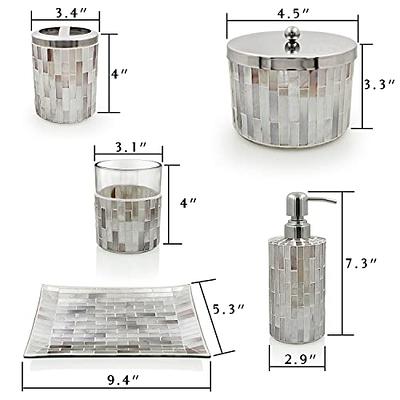 LushAccents Decorative Bathroom Accessories Set, 4-Piece, Soap Dispenser, Tray, Jar, Toothbrush Holder, Elegant Silver Mosaic Glass