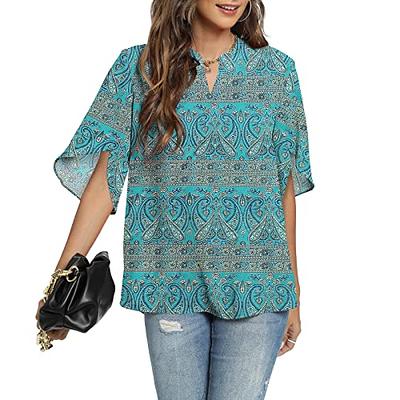 Funlingo Womens Summer 2023 Dressy Chiffon Blouses V Neck 3/4 Ruffle Sleeve Tunic  Tops for Leggings Work Casual Shirts Floral Blue Khaki L - Yahoo Shopping