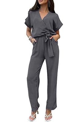 PRETTYGARDEN Women's Jumpsuit Casual Short Sleeve Wrap V Neck