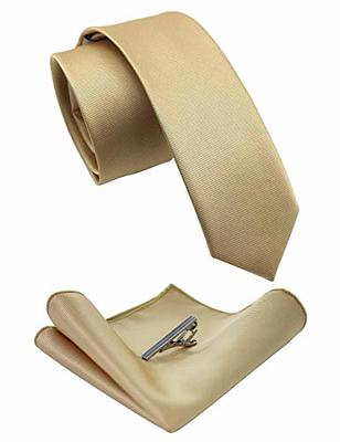 JEMYGINS 2.4 Gold Skinny Tie and Pocket Square with Tie Clip Silk