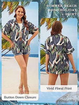 Women Shirts and Blouses Summer Short Sleeve Hawaii Style Button Down  Hawaiian Shirt Beach Tops Collared Print Front Pocket at  Women’s  Clothing