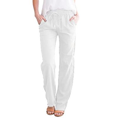 Mens Linen Cargo Pants Lightweight Elastic Waist Drawstring Casual Loose  Summer Beach Yoga Pants with Pockets White M