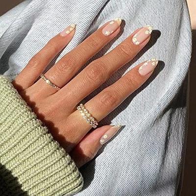 RikView French Tip Press on Nails Medium Acrylic Nails with Pearls Black  Press on Nails Almond Fake Nails