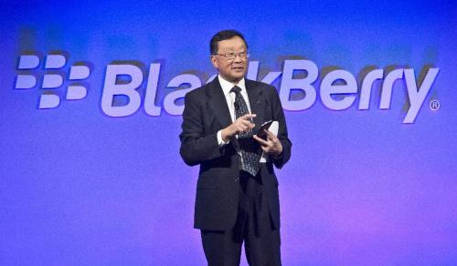 BlackBerry CEO John Chen introduces the company's new phone, the BlackBerry Classic, during a news conference, Wednesday, Dec. 17, 2014, in New York. (AP Photo/Bebeto Matthews)