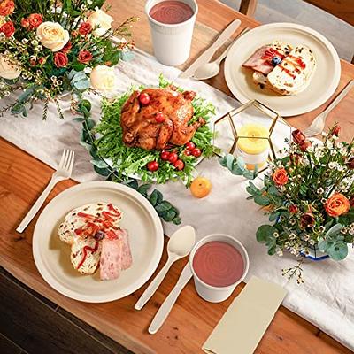 250 Piece (50 Sets) Biodegradable Paper Plates Set (EXTRA LONG UTENSILS),  Disposable Dinnerware Set, Eco Friendly Compostable Plates & Utensil  include