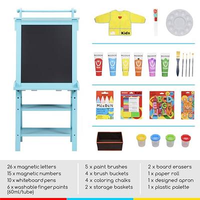 MEEDEN Kids Art Easel All-in-one, Dual-Sided Magnetic Chalkboard &  Whiteboard, Adjustable Standing Toddler Easel with 3 Paper Rolls, 6 Finger  Paints