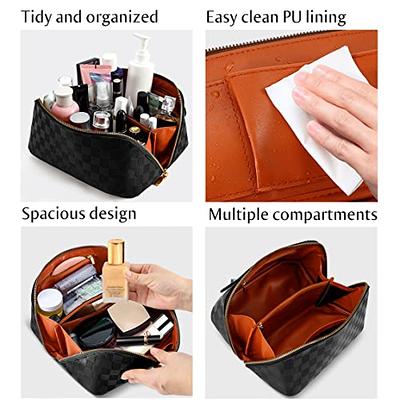  SOIDRAM Large Capacity Travel Cosmetic Bag Makeup Bag  Checkered Leather Makeup Bag Organizer Women Portable Toiletry Bag Flat Lay  Everything Cosmetic Bag White : Beauty & Personal Care