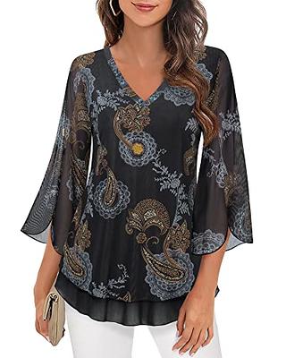 top Black Blouse 3/4 Sleeve Tops Business Casual Blouses v Neck Shirt  Chiffon Long Sleeve Black Blouses for Women Black Shirts for Women（S） at   Women's Clothing store