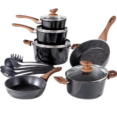 Induction Kitchen Cookware Sets Nonstick - Granite Hammered Pan Set 15  Piece, Dishwasher Safe Cooking Pots and Pans Set