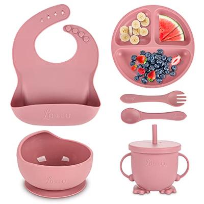 Sutowe Baby Feeding Set 6pcs Baby Weaning Supplies Feeding Bowl Tableware Bowl Plate Spoon Fork Bib Waterproof Spoon Non-Slip Toddler Feeding Set