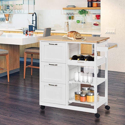 2-Level Kitchen Island with Storage Cabinet, Butcher Block Countertop,  Drawers