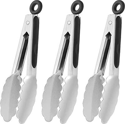 HINMAY Small Silicone Tongs 7-Inch Mini Serving Tongs, Set of 3 (Black Gray  White)