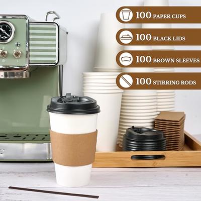 100 Sets] 12 oz Paper Coffee Cups, Disposable Coffee Cups with Lids,  Sleeves and Straws, Hot