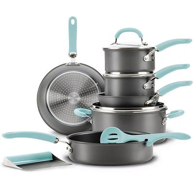 Rachael Ray 11 Piece Create Delicious Hard-Anodized Aluminum Nonstick Cookware Set, Teal Handles