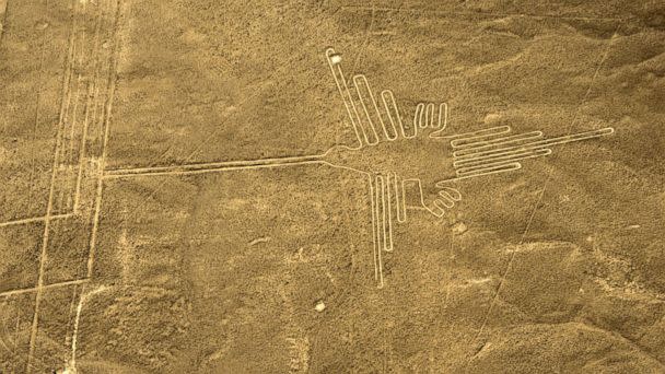 PHOTO: An aerial view of the Hummingbird, one of the most well-preserved figures (93 meters long) at Nazca Lines, in Peru, Dec. 11, 2014. (Martin Bernetti/AFP/Getty Images, FILE)