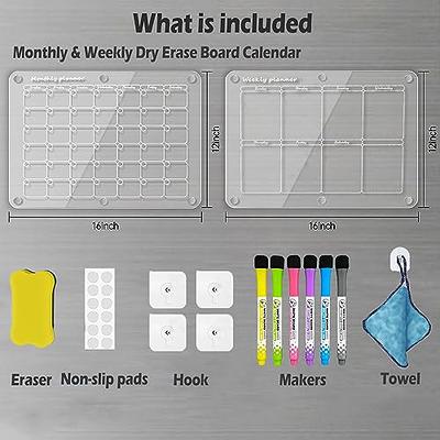  Magnetic Acrylic Calendar for Fridge,2 Pack 12x16 Clear  Fridge Calendar Dry Erase Magnetic Planning Boards Set Includes 6 Colorful  Highlight Markers,Magnetic Pen Holder and Erase Towel : Office Products