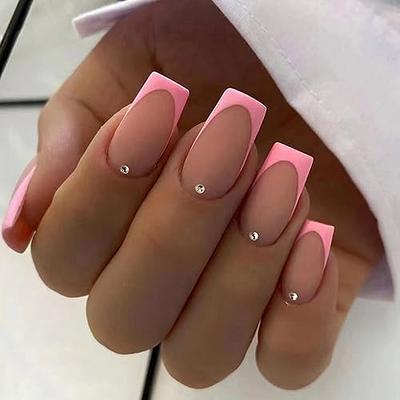 Press Glitter Pink Diamond False Nail Short Square on Nails for Nails Art  24pcs