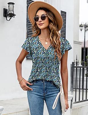 Womens Business Casual Tops Summer V Neck T Shirt Ruffle Short Sleeve Tunic  Blou