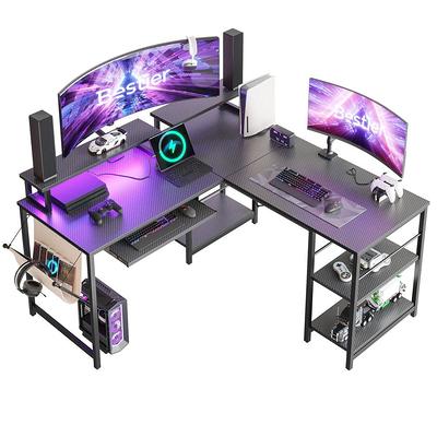 Bestier 65 in. L Shaped Gaming Desk with Monitor Stand Black Carbon Fiber Reversible Computer Desk