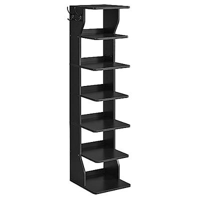 VASAGLE 7 Tier Vertical Shoe Rack, Narrow Shoe Storage Organizer with  Hooks, Slim Wooden Corner Shoe Tower Rack, Robust and Durable, Space Saving  for Entryway and Bedroom, White, Black