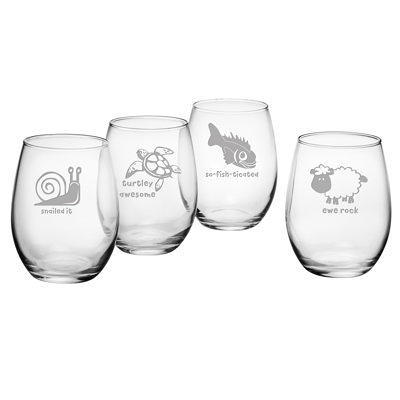 Seashore Assortment - Stemless Wine Glasses - Engraved - Set of Four