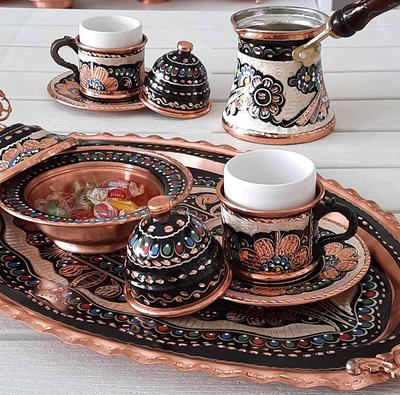 Turkish Coffee Cup Set for 2 With Copper Coffee Pot , Arabic Coffee Set,  Coffee Service Set, Espresso Serving Set, Copper Serving Tray. 