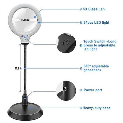 Dexspoeny Lighted Magnifying Glasses with Large Base,5X Magnifying Glass  with Light and Brightness Stepless Dimmable,Flexible Gooseneck Magnifying