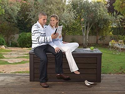 Rubbermaid Patio Chic Resin Weather Resistant Outdoor Storage Deck Box, 123  Gal., Black Oak Rattan Wicker Basket Weave & Suncast 99 Gallon Resin