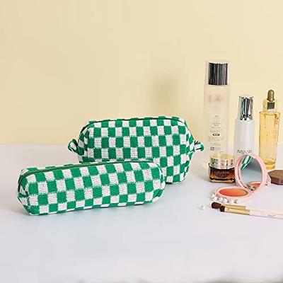 SOIDRAM Makeup Bag Checkered Cosmetic Bag Brown Makeup Pouch 1Pcs Large  Capacity Makeup Bags and 1Pcs Makeup Brushes Storage Bag Travel Toiletry  Bag