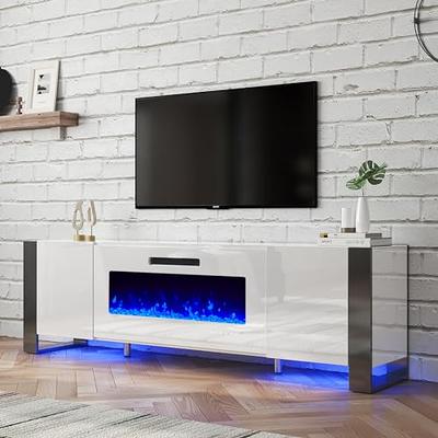 Fireplace TV Stand with 36 Fireplace, 70 Modern High Gloss Entertainment  Center LED Lights, 2 Tier TV Console Cabinet for TVs Up to 80, Obsidian