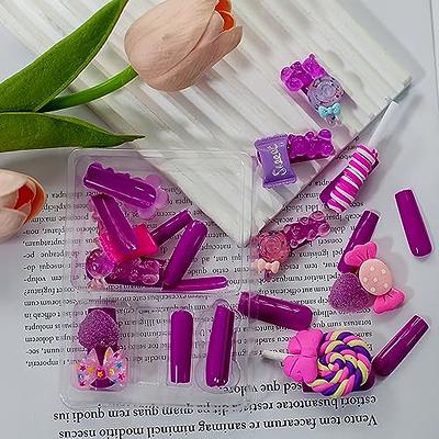 Press on Nails with Charms Long Square Fake Nails Purple Acrylic Nails Cute  Candy Bear Charm Designs Full Cover Glue on Nails Reusable Stick on Nails