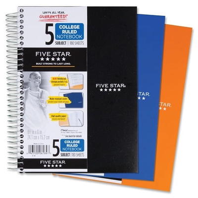 Five Star 3 Subject 150pg College Ruled Spiral Notebook (Colors