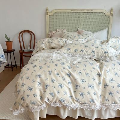 Floral Duvet Cover Ruffles Bed Sheet Set Princess Cotton Bedding Set Queen  King