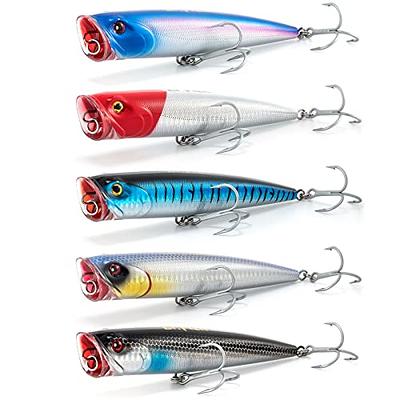  Topwater Popper Saltwater Fishing Lures, 5-1/2 Inches GT  Popper VMC Treble Hooks Surf Fishing Lures For Striper Pike Salmon Lures  Bass Popper Fishing Plugs Offshore Blue/Purple