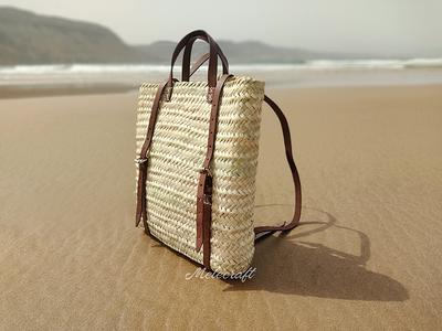 French basket with leather strap, Straw backpack, Beach bag, Hipster  backpack, straw basket, summer bag