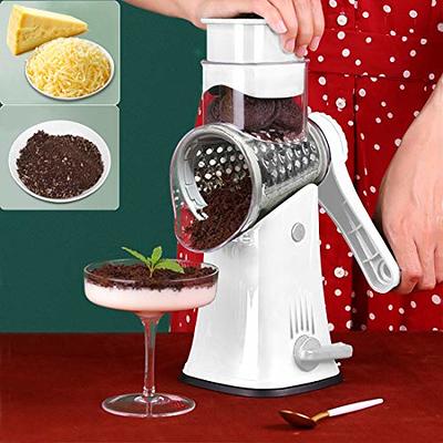  Rotary Cheese Grater with Handle & Upgraded Suction Base - Cheese  Shredder with 5 Interchangeable Stainless Steel Blades - Multifunctional  Vegetable Cutter & Nut Grinder with Blade Storage Box (Black): Home