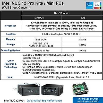 Intel NUC 12 Barebone Mini PC, Newest 12th Gen Core i5-1240P (12 Cores &  4.4GHz), Intel Mini Computer with WiFi 6E, 8K, Vesa Mounting Bracket (No  RAM